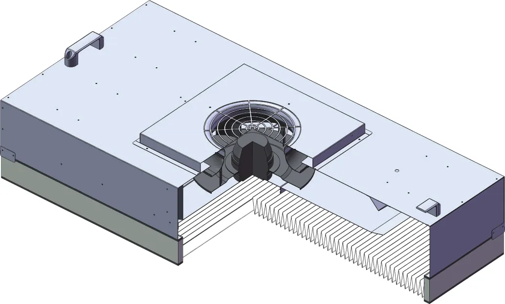 Airkey fan filter unit cutaway showing impeller, plenum and HEPA filter