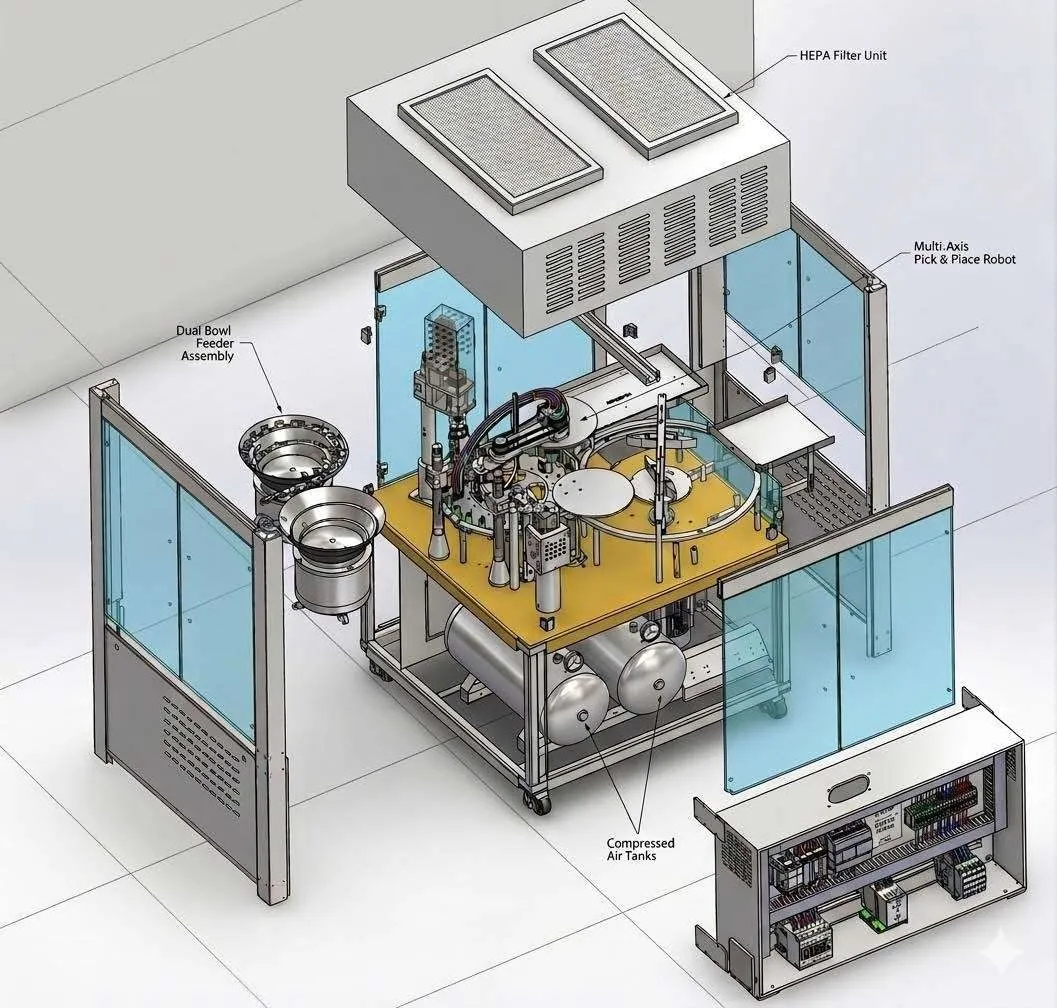 Auto Filler exploded view: HEPA filter unit, dual bowl feeders, pick-and-place, compressed air tanks