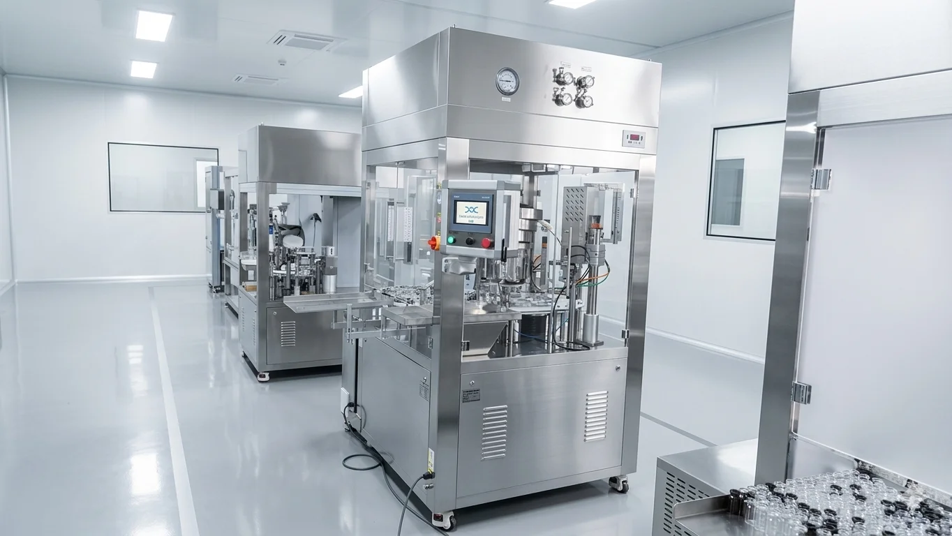 Team 4 Auto Filler with ISO 5 enclosure and touchscreen in a white cleanroom, with glass vials in the foreground